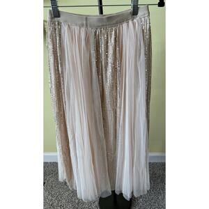 Wish Champagne Gold Sequin Tulle Midi Skirt Women’s S Sparkle Mesh Party Skirt